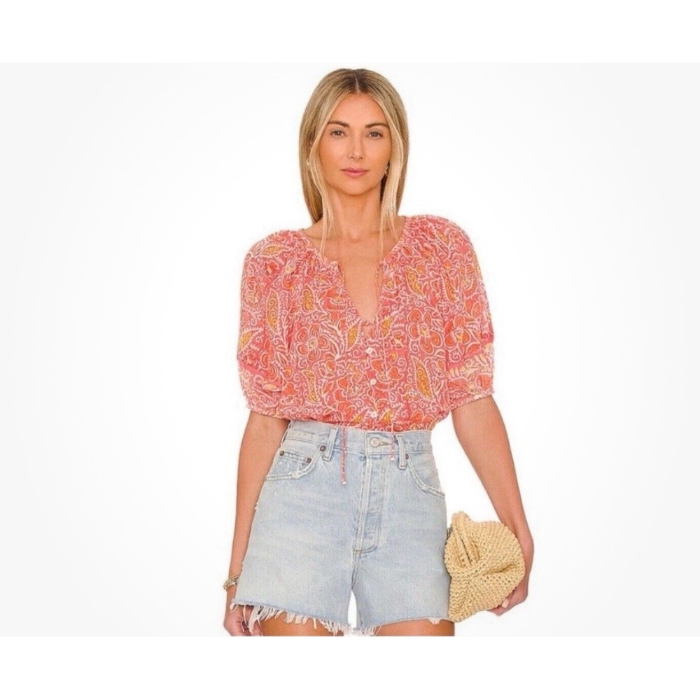 Cleobella Layla ORGANIC COTTON Top Orange Blossom Block Print SMALL Summer Trip